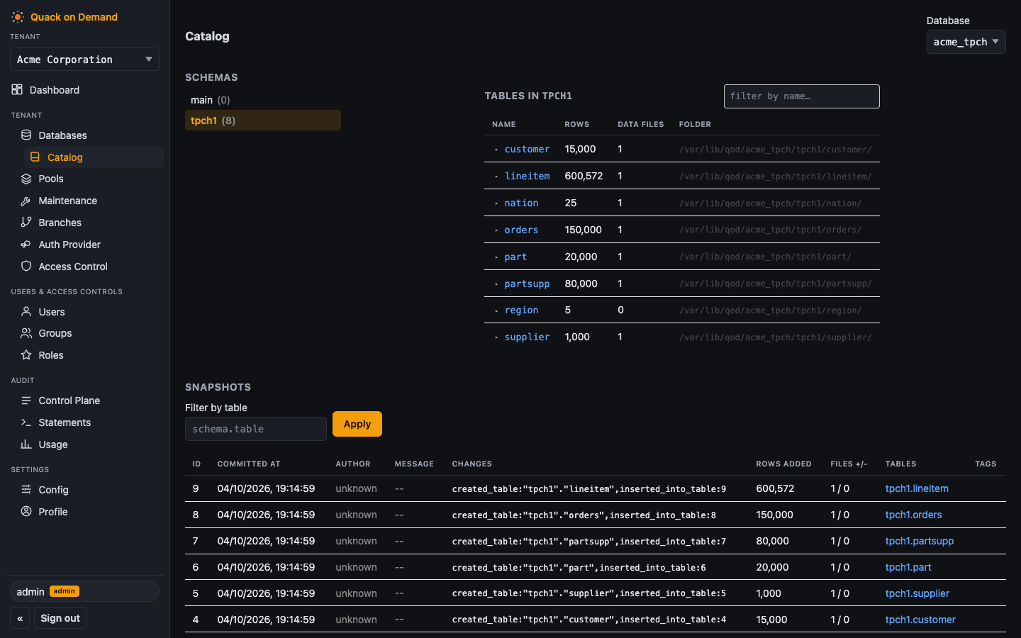 The catalog browser with a schema's tables listed