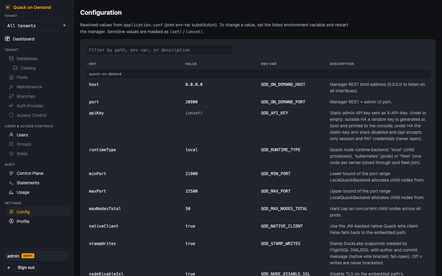 The Config page resolved-configuration table