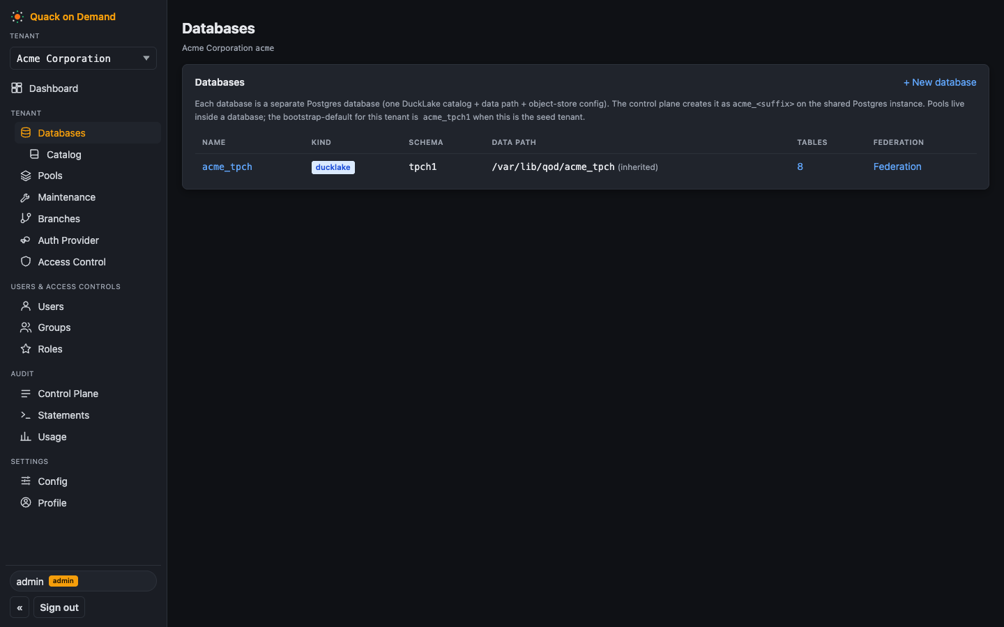 The Databases page