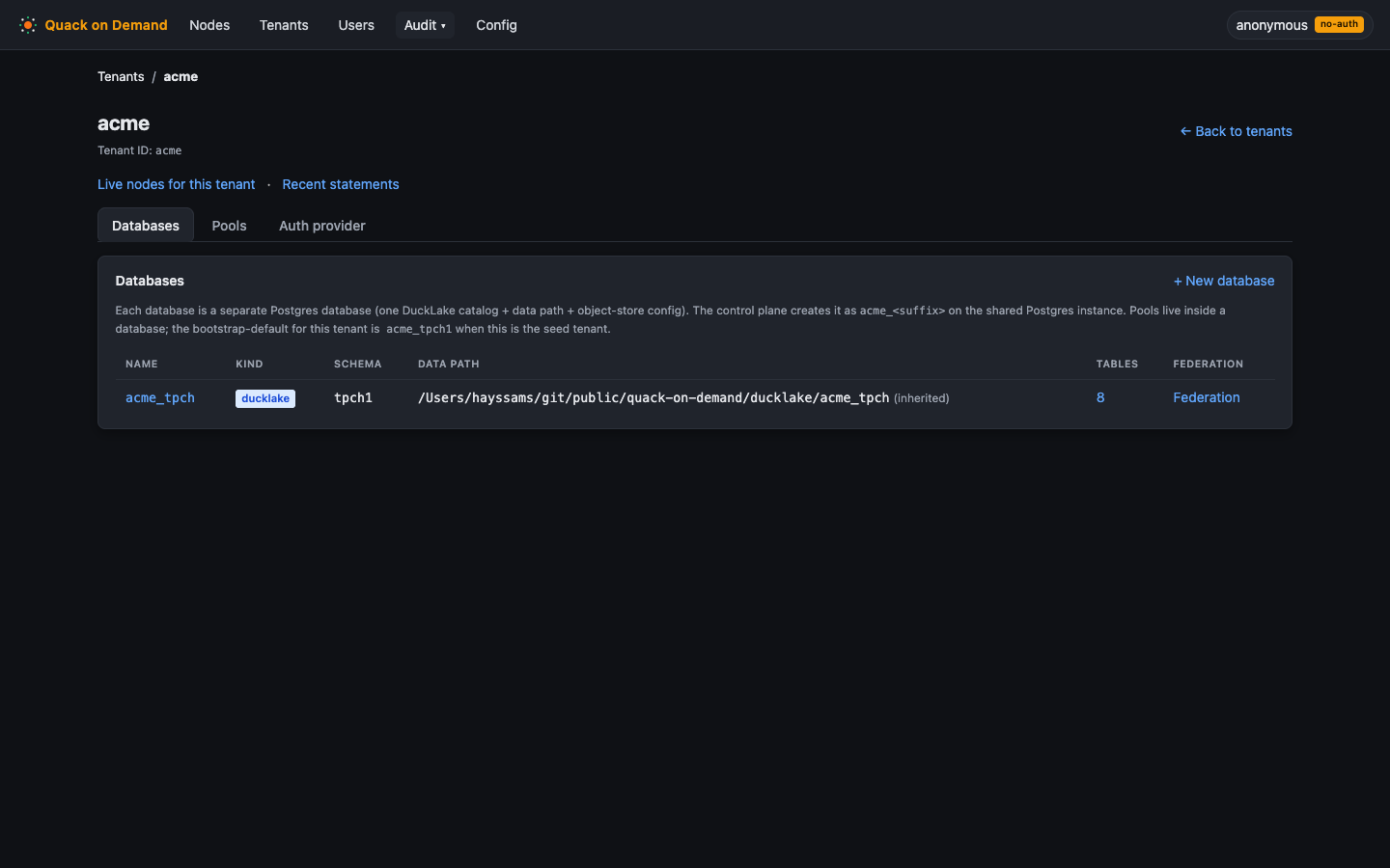 The Databases tab