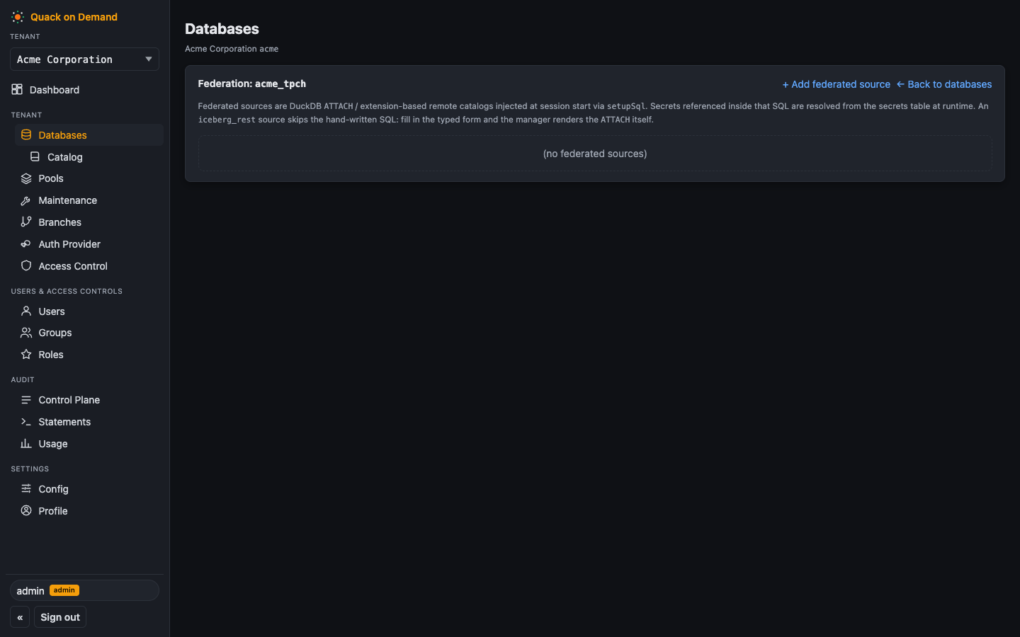 The federation panel for a database