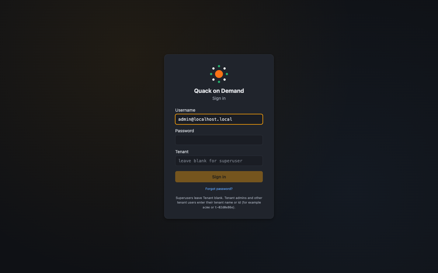 The Quack on Demand admin login screen