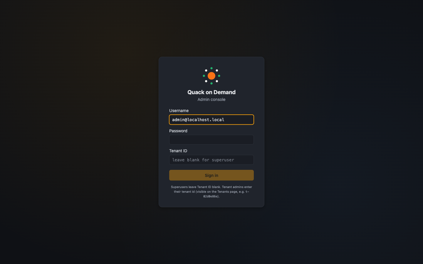 The Quack on Demand admin login screen