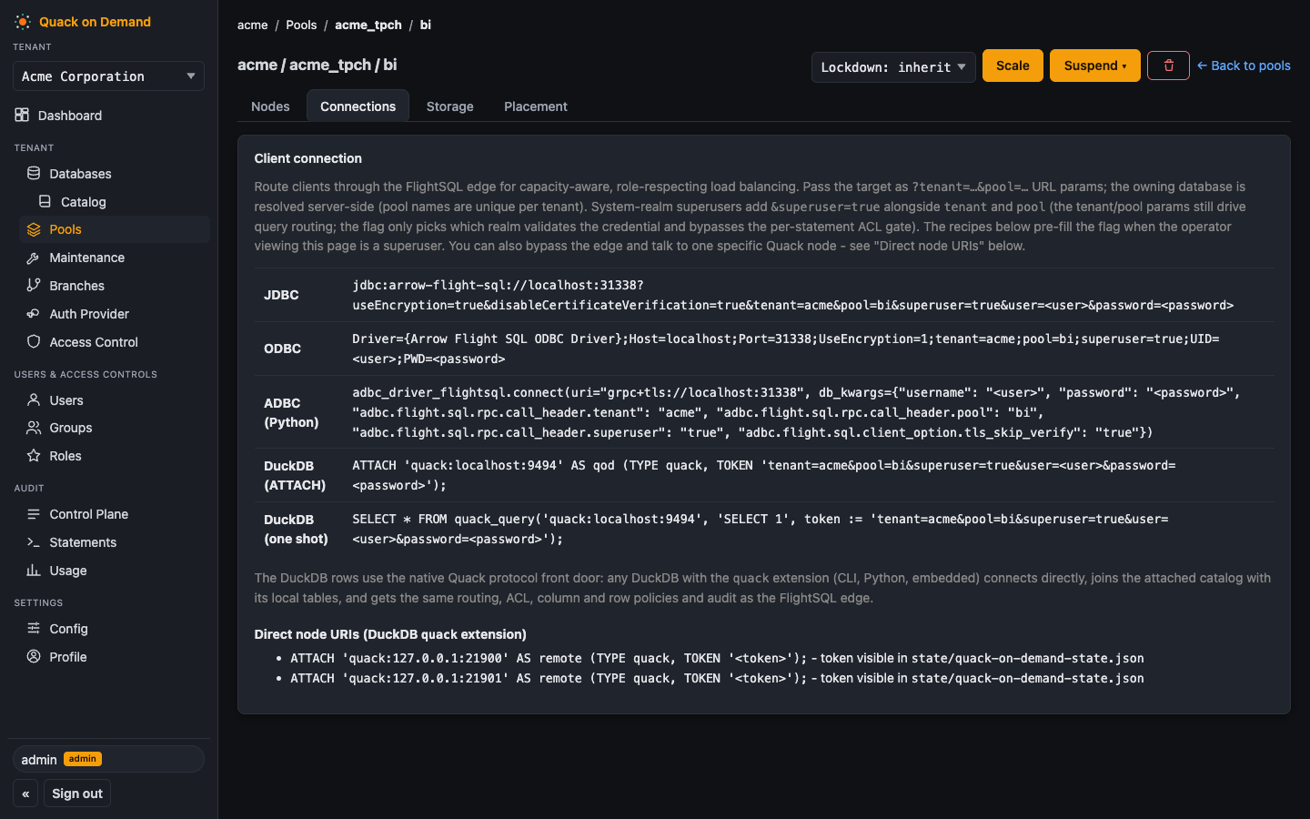 The pool Connections tab with client connection strings
