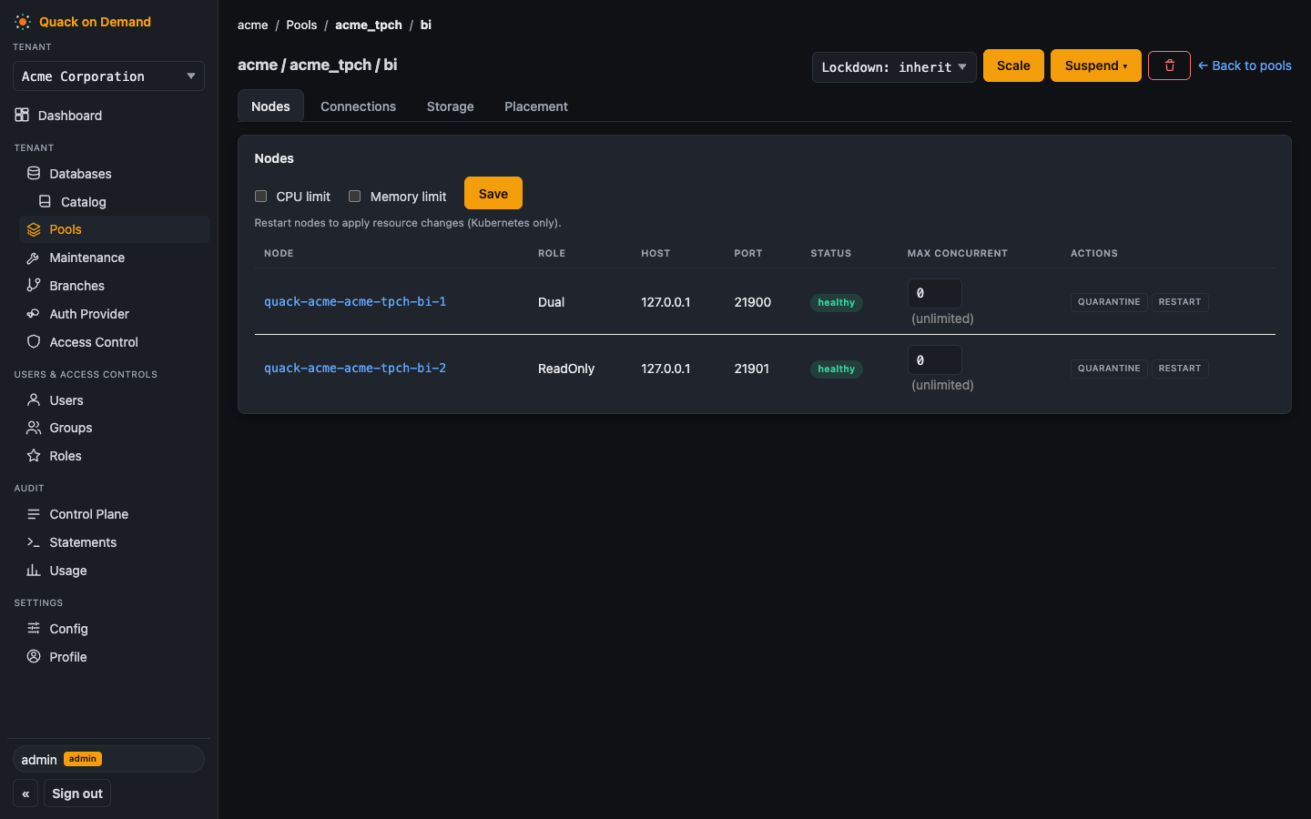 The pool detail page on the Nodes tab