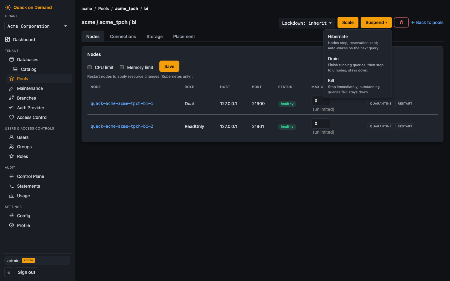 The pool Suspend menu with Hibernate, Drain, and Kill