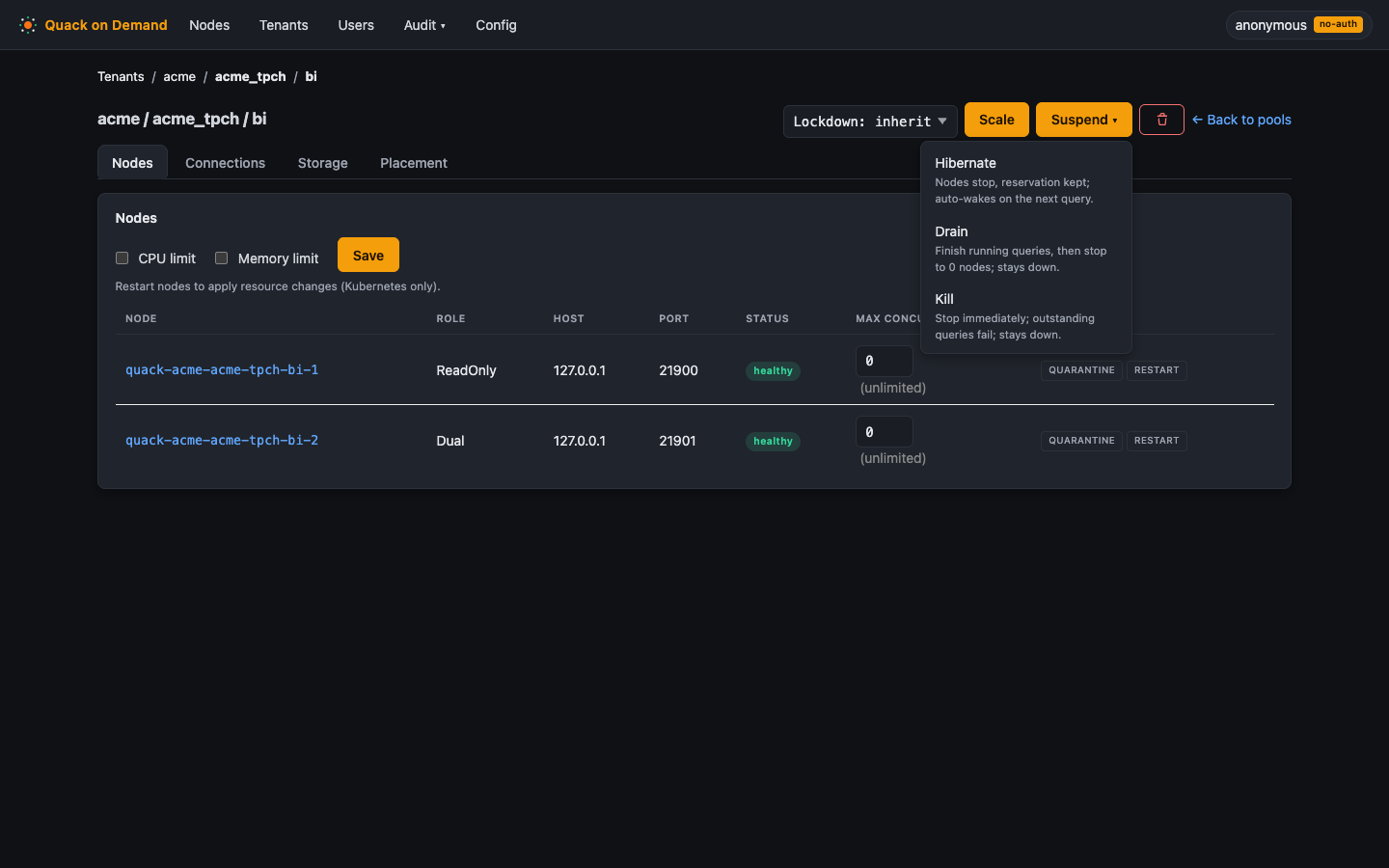 The pool Suspend menu with Hibernate, Drain, and Kill