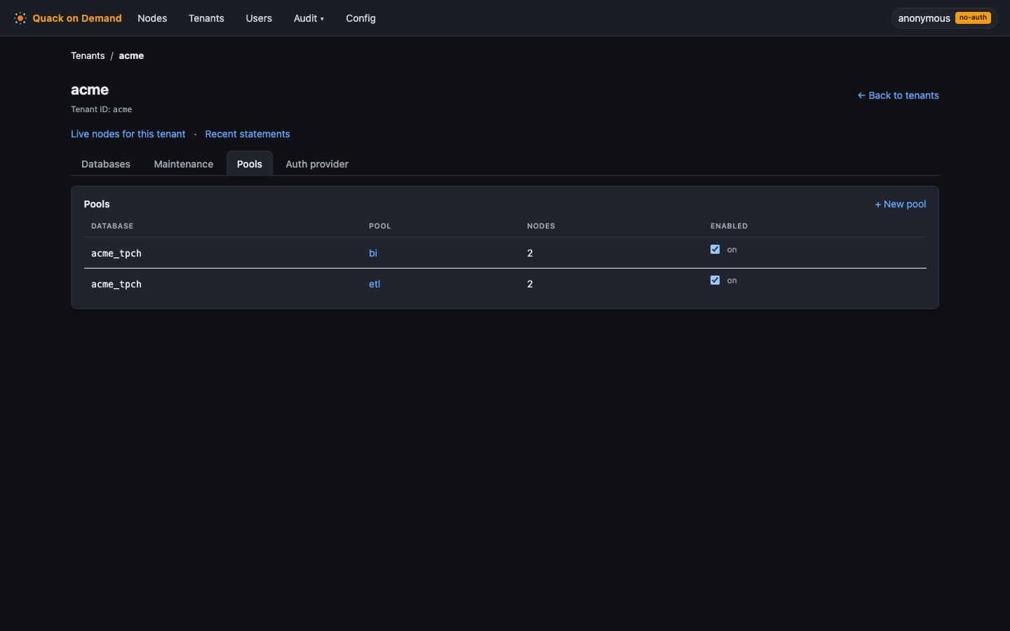 The tenant detail page on the Pools tab